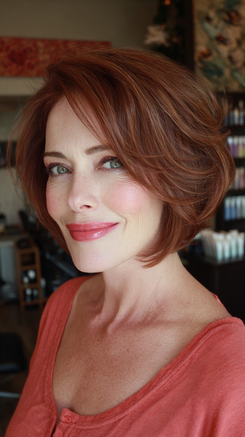 Copper-Toned Feathered Layers for Oval Faces