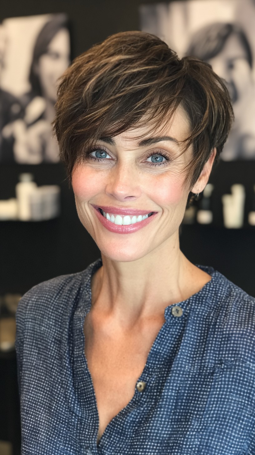 Playful Chestnut Pixie with Sweeping Fringe