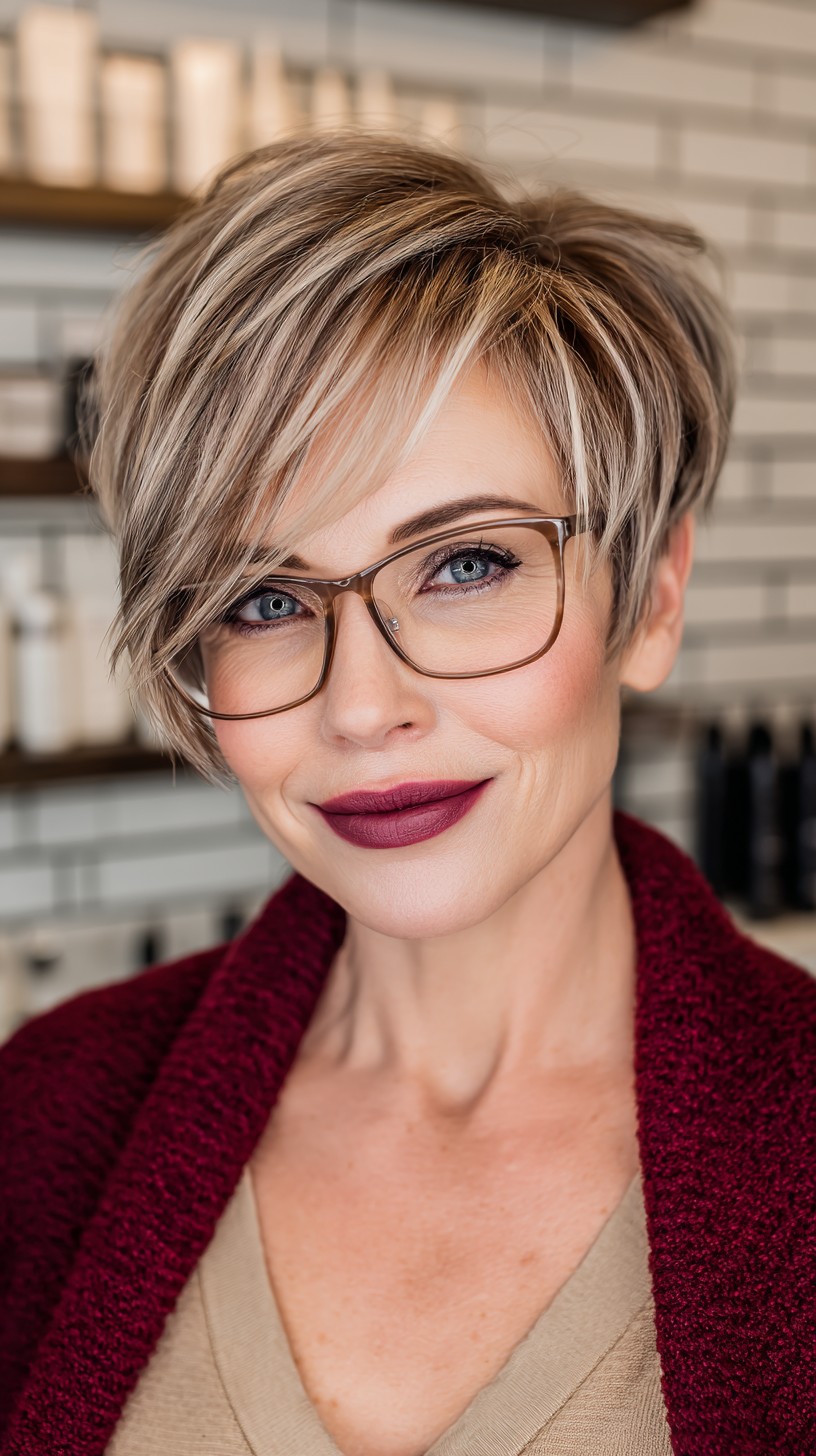 Sleek Silver Layered Pixie with Long Bangs