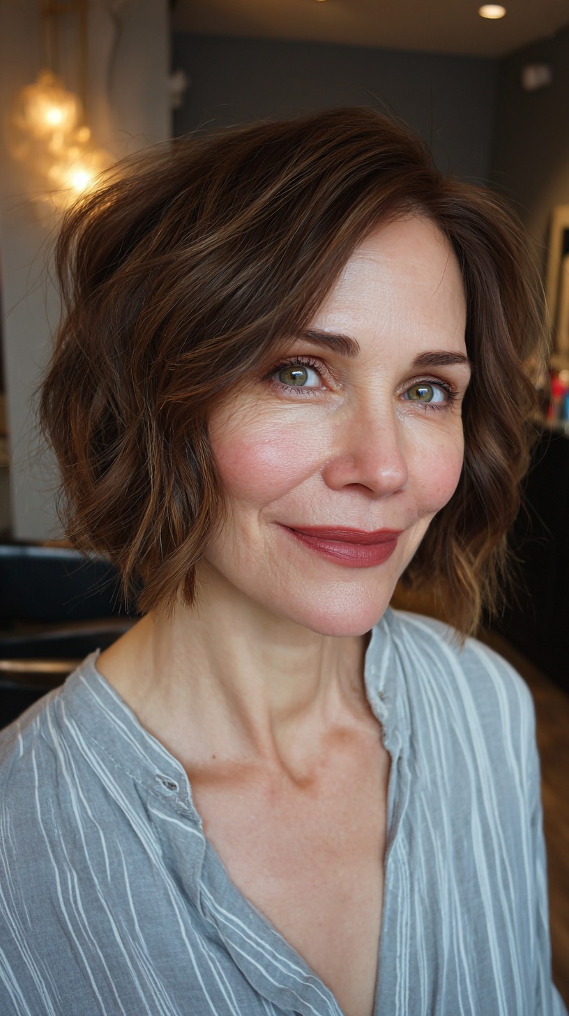 Soft Tousled Wavy Bob with Natural Highlights