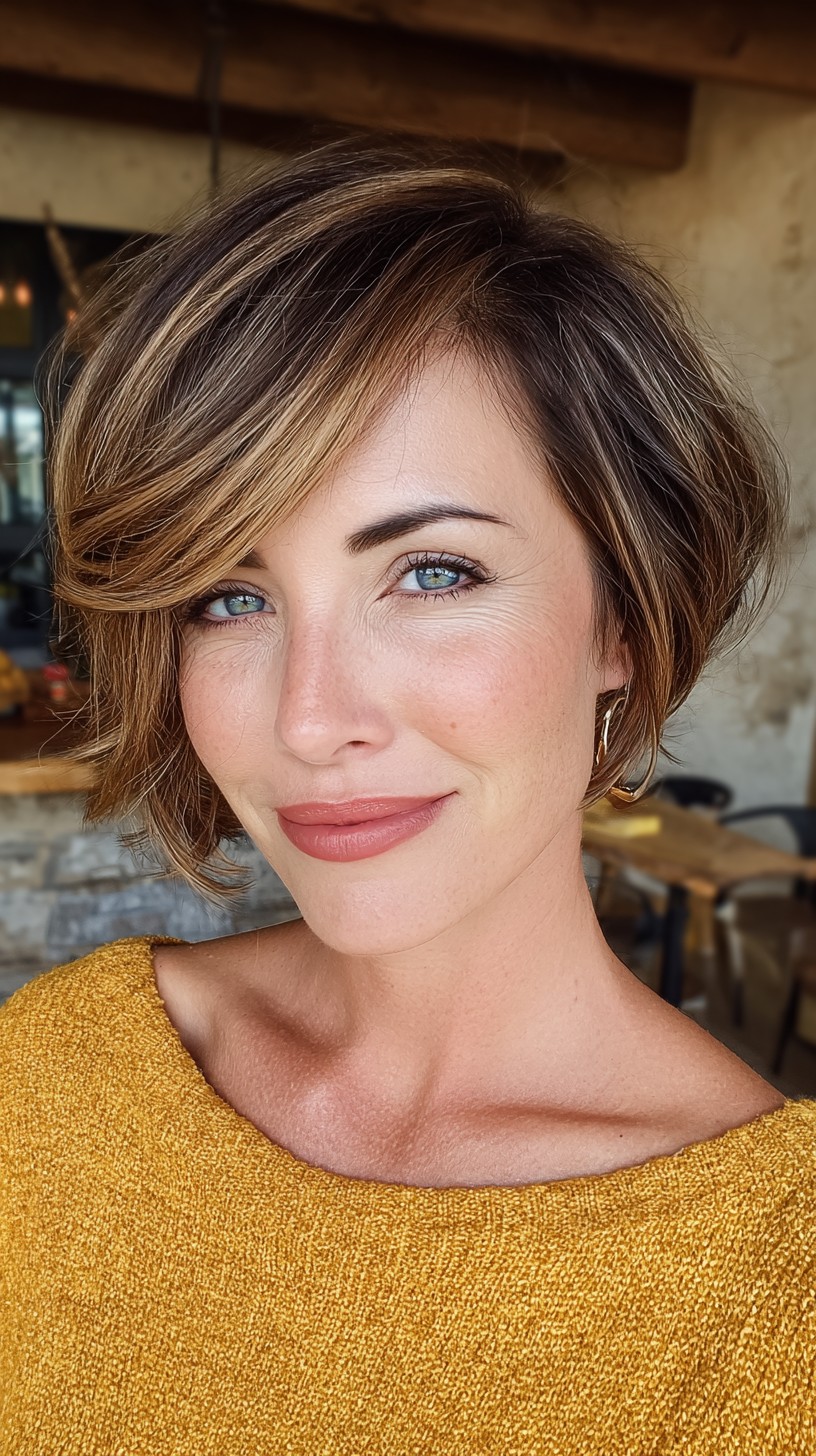 Sun-Kissed Caramel Swirl Bob Cut