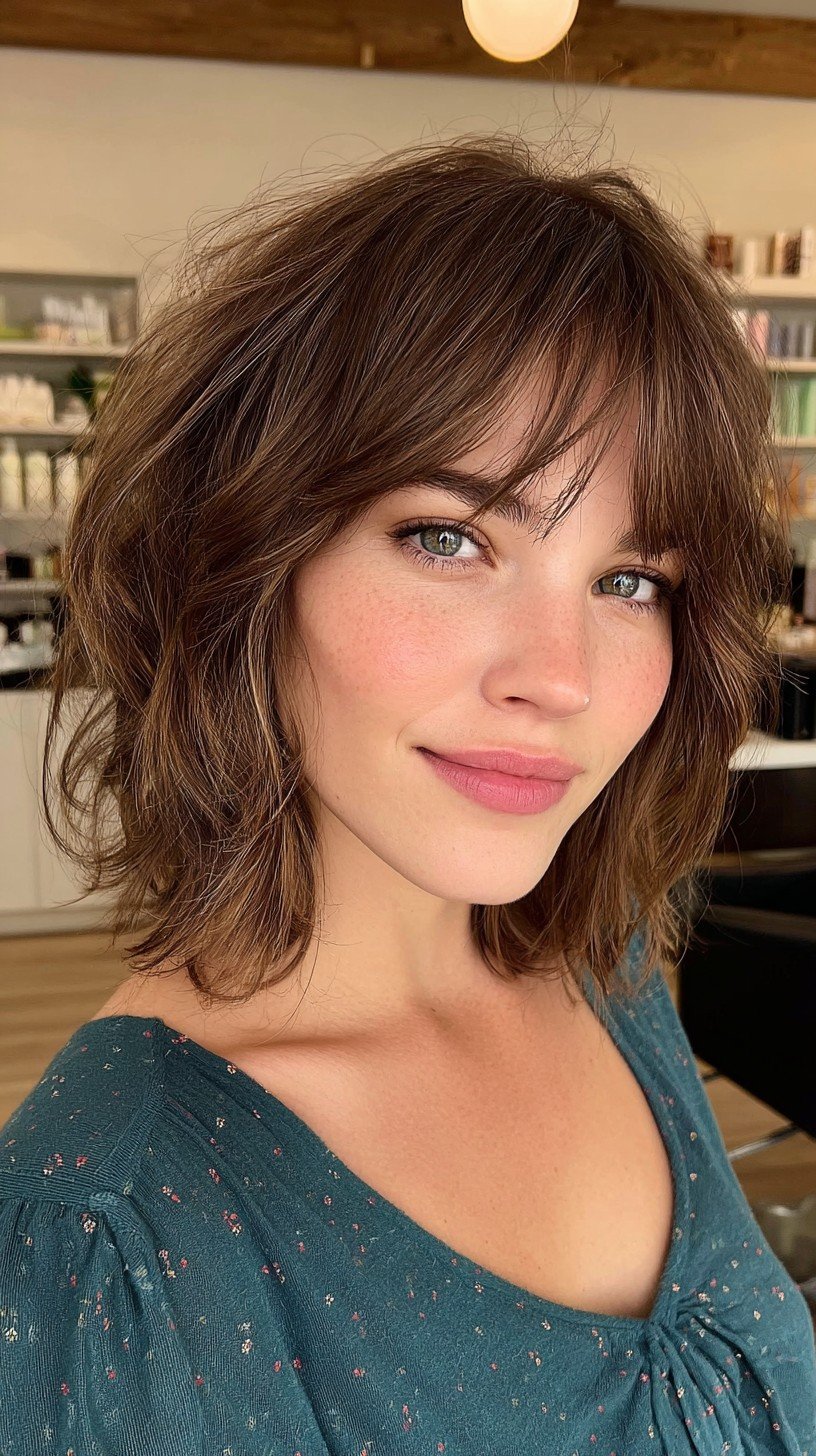 Breezy Chestnut Waves with Delicate Fringe