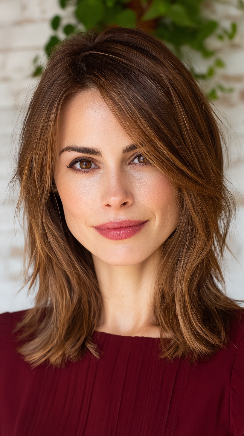 Caramel-Toned Mid-Length Waves with Face-Framing Layers