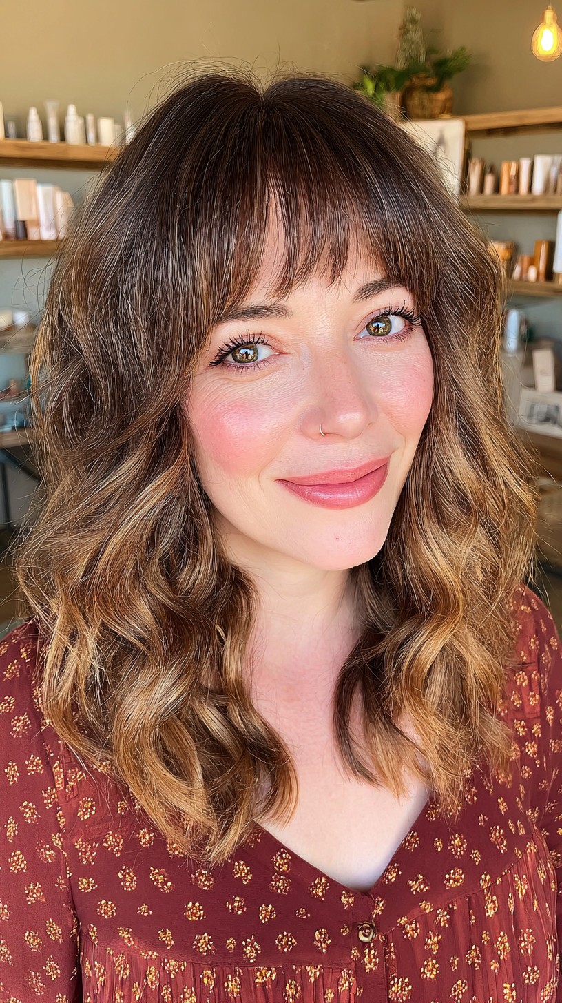 Chic Brunette Waves with Soft Bangs