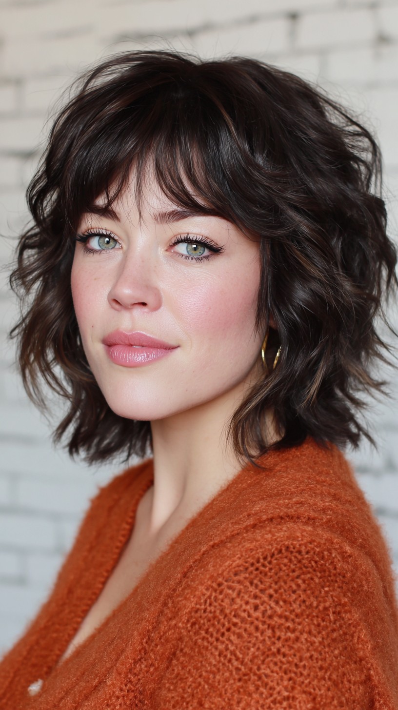 Deep Chestnut Wavy Bob with Bangs