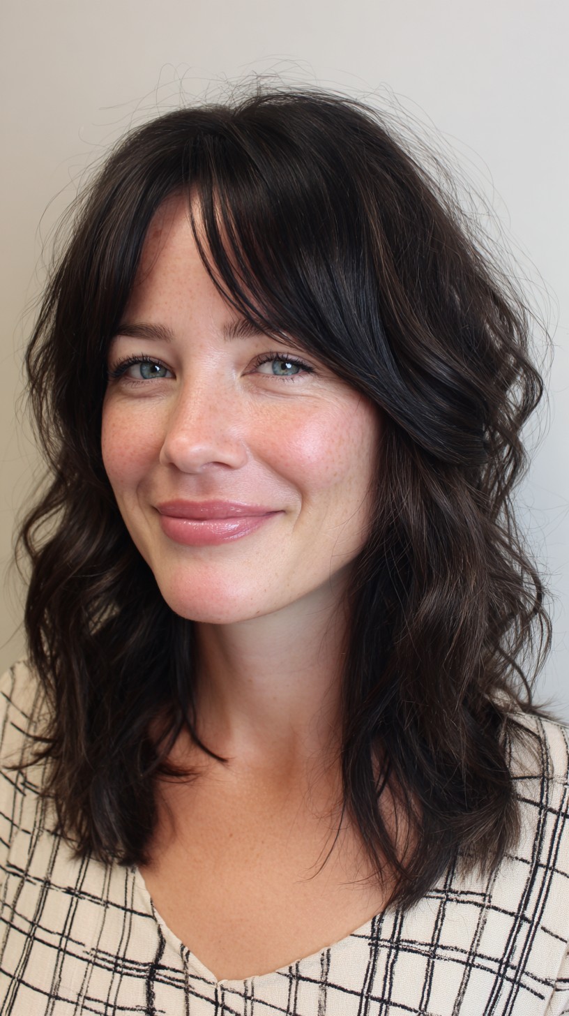 Playful Dark Waves with Wispy Bangs