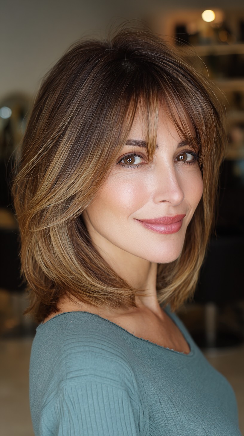 Sleek Chestnut Bob with Caramel Highlights
