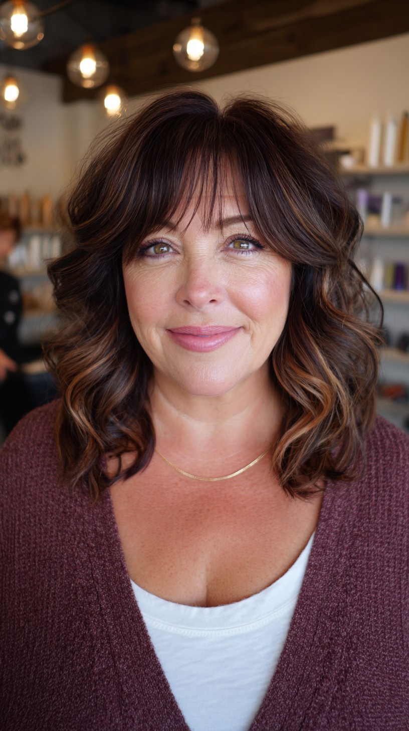 Soft Chocolate Waves with Curtain Bangs