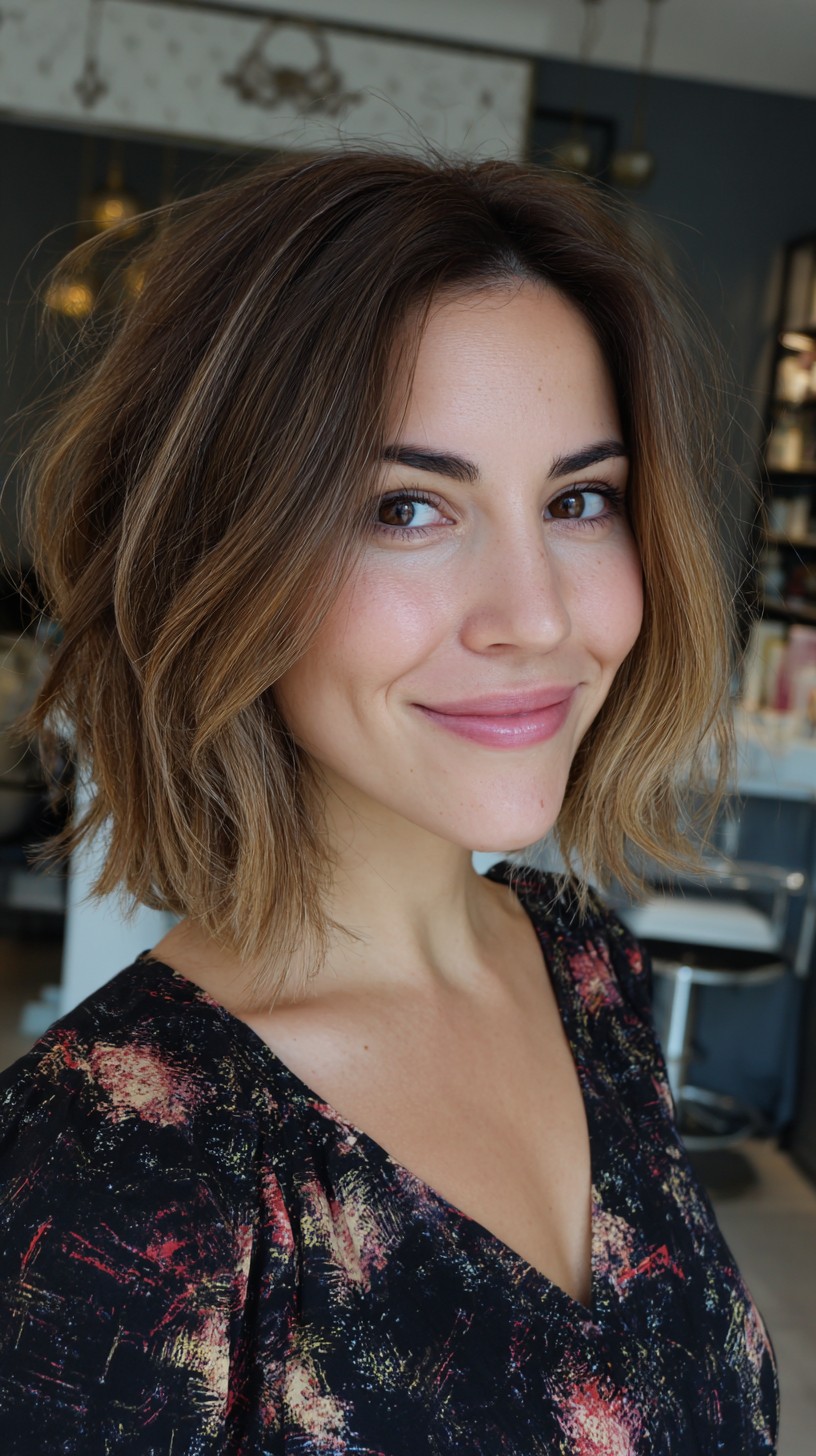 Warm Caramel Balayage on Textured Bob