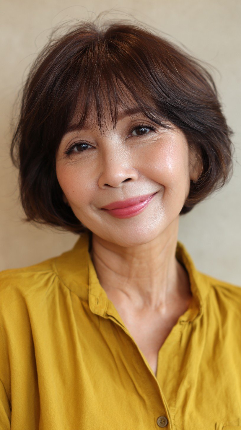 Textured Brunette Bob with Feathered Bangs