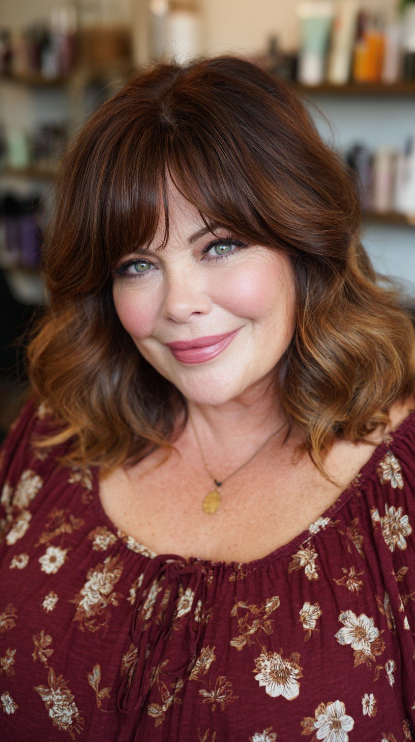 Copper-Toned Layered Waves with Face-Framing Bangs