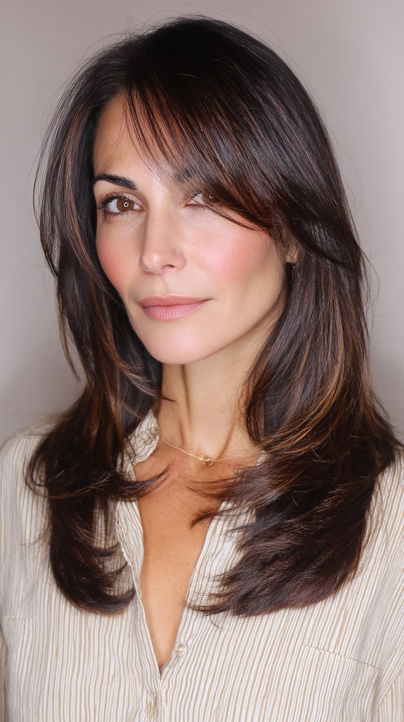 Elegant Chocolate Stacked Layers with Face-Framing Highlights