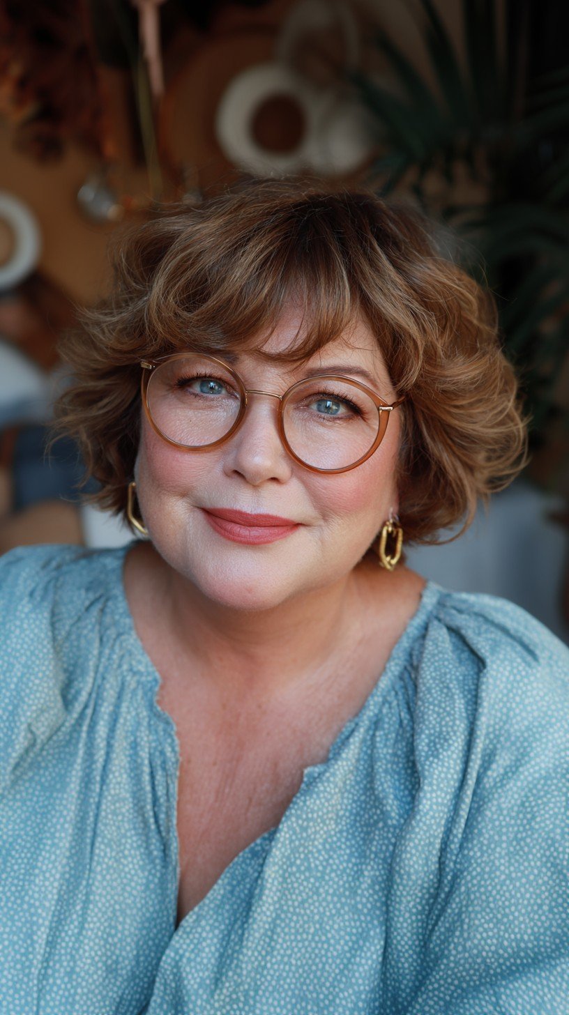 Soft-Bronze Curly Bob with Glasses