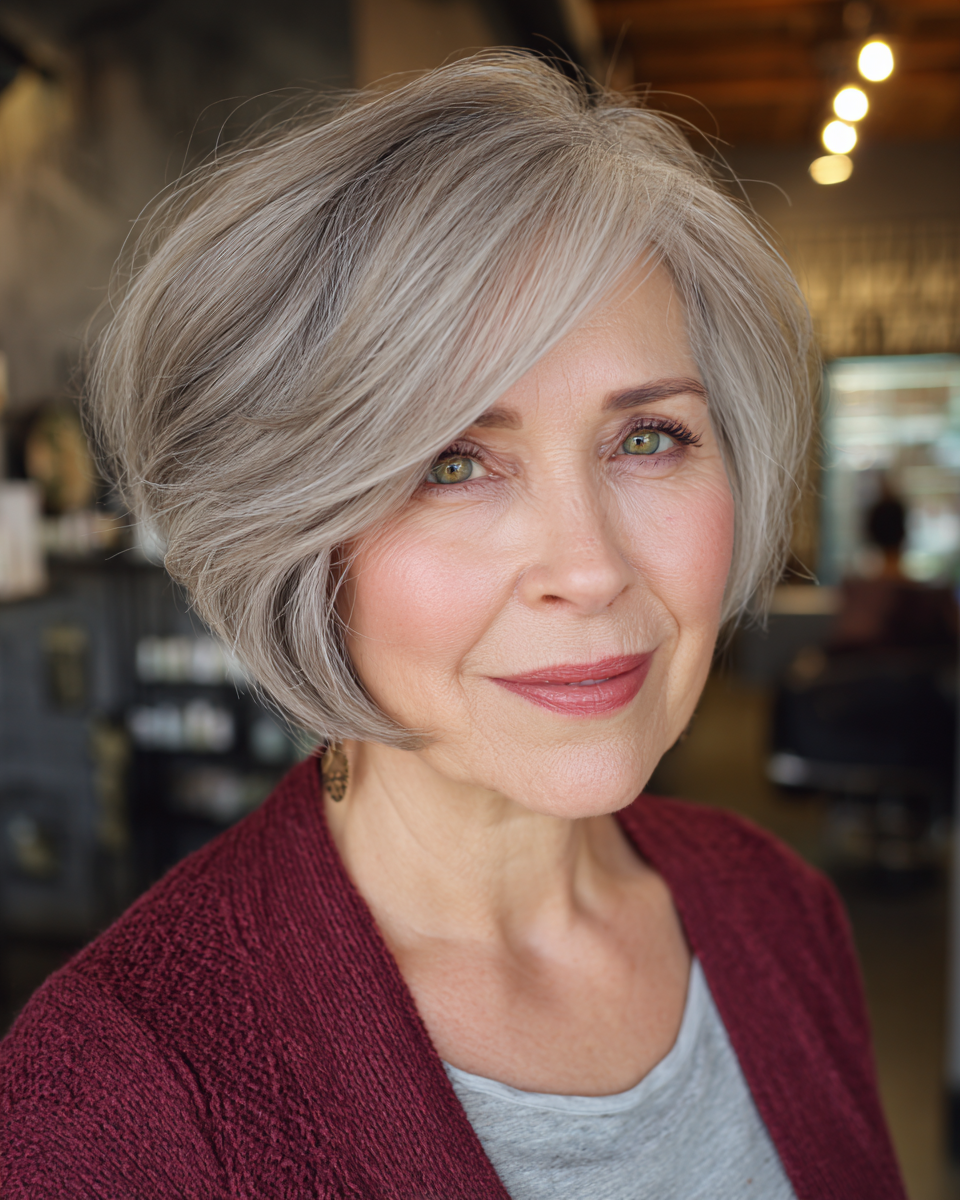 Softly Layered Silver Chin-Length Bob with Face-Framing Layers