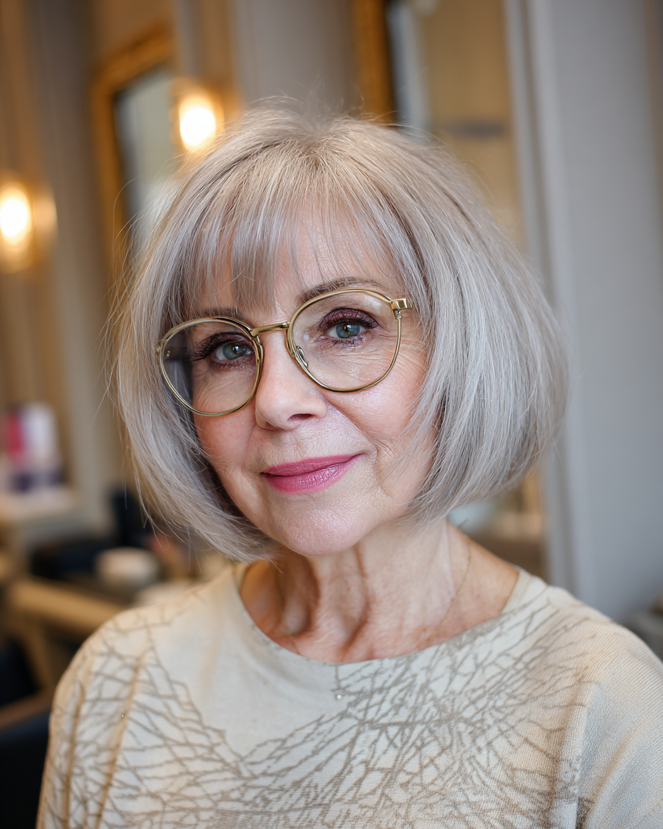 Softly Layered Silver Chin-Length Bob with Gentle Face-Framing Layers