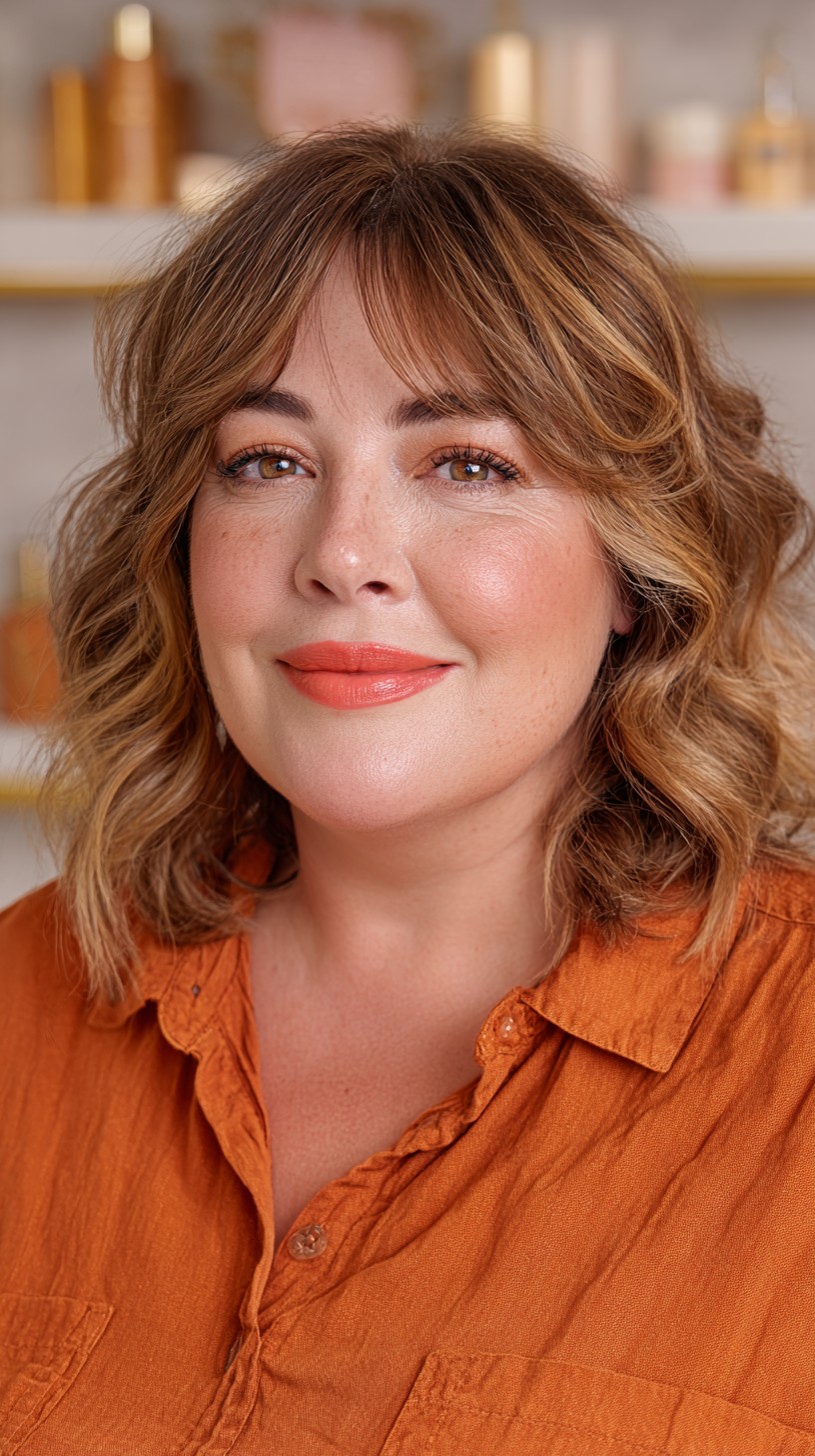 Warm Caramel Waves with Soft Bangs