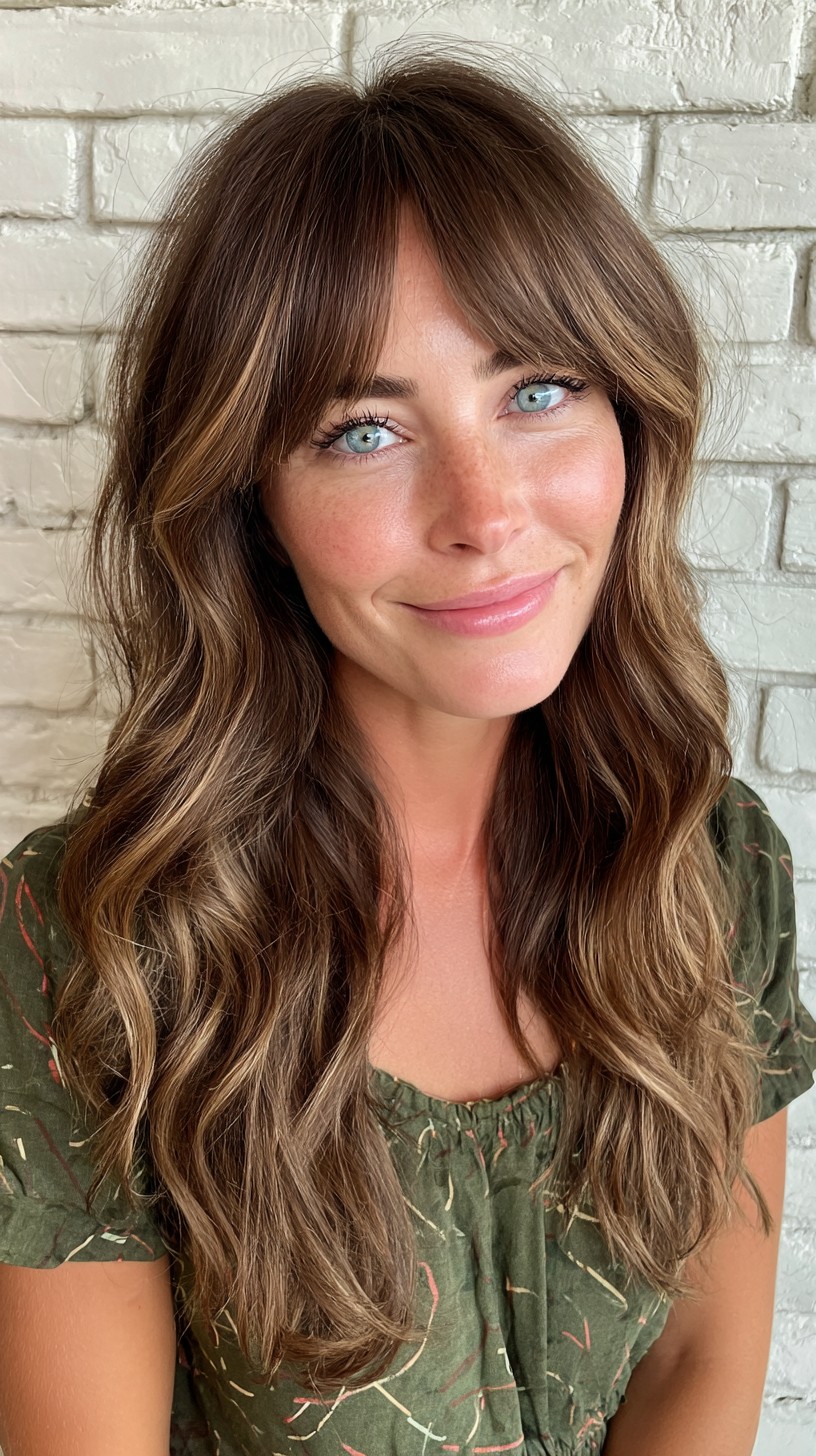 Beachy Chestnut Waves with Curtain Bangs
