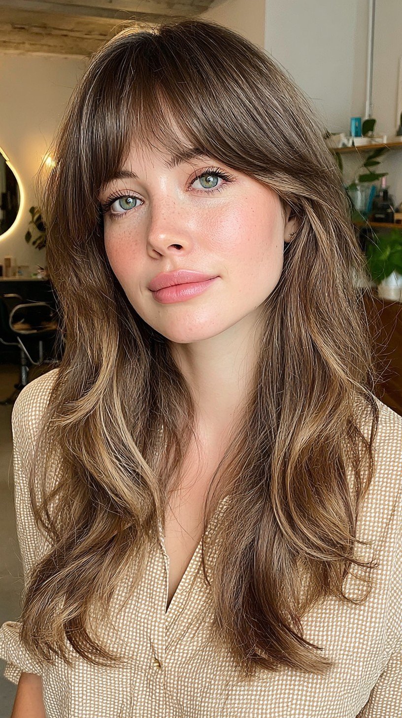 Brunette Curtain Bangs with Soft Layering