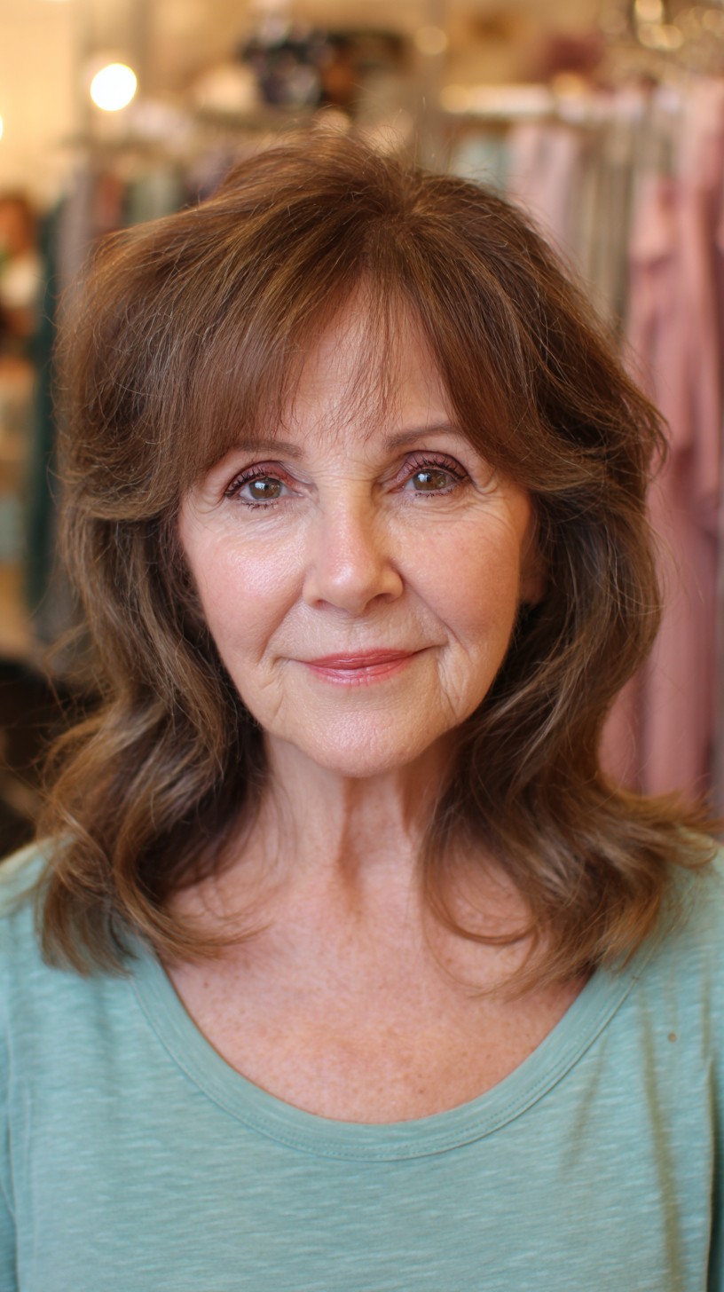 Brunette Feathered Layers with Soft Bangs