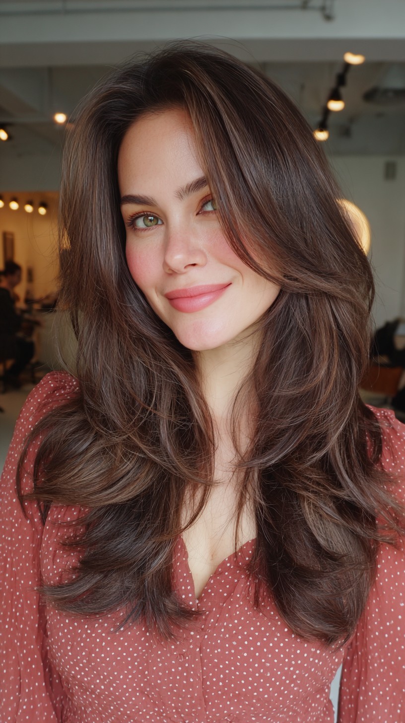 Flowing Chestnut Layers with Face-Framing Highlights