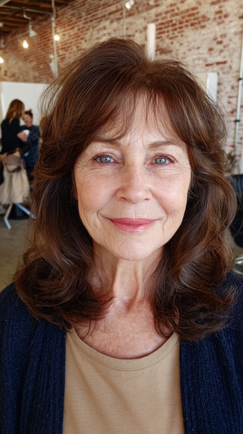 Soft Chestnut Curls with Natural-Flow Curtain Bangs