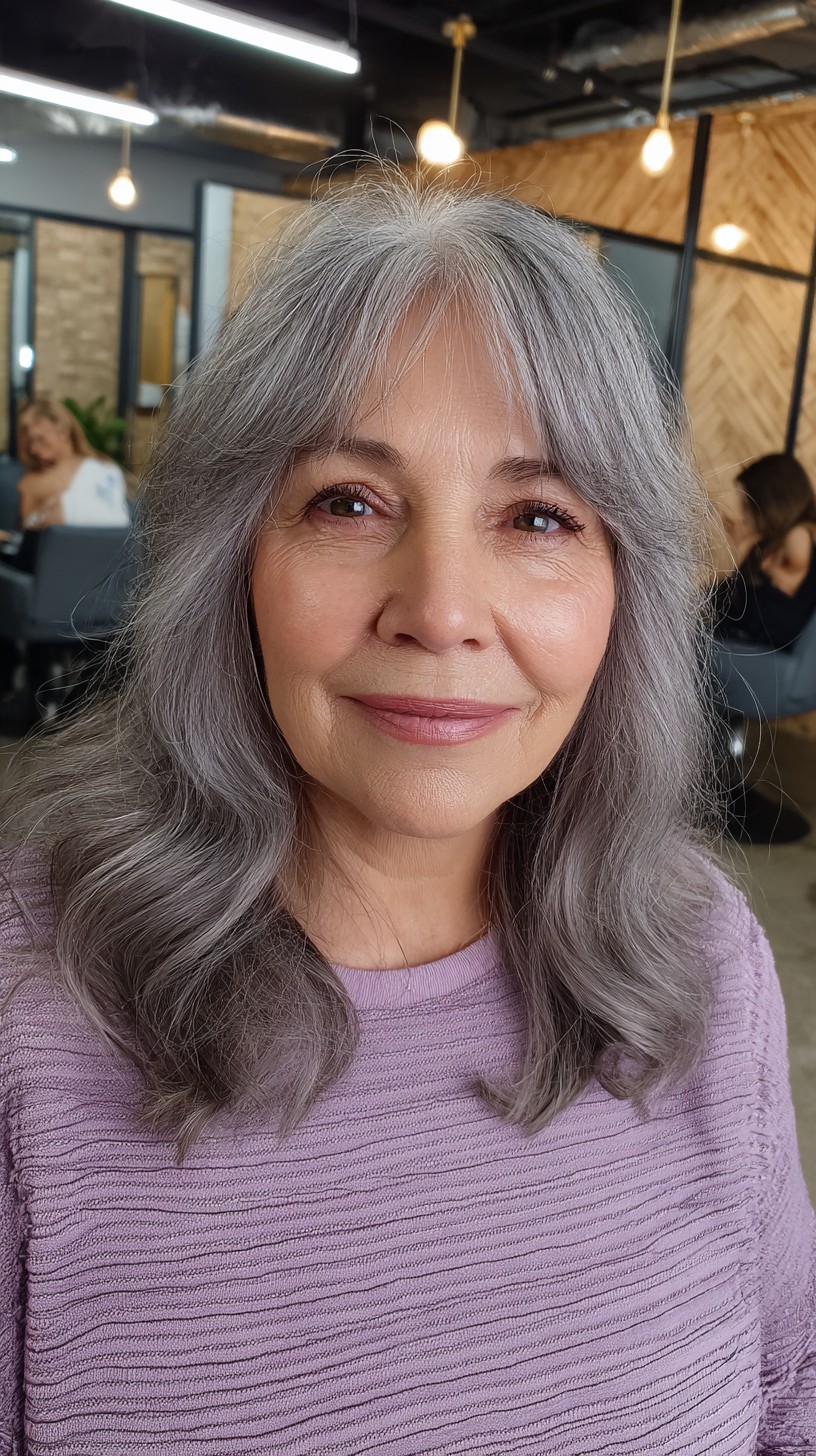Soft-Silver Waves with Gentle Curtain Bangs