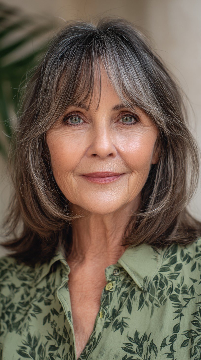 Textured Silver Layers with Curtain Bangs for Medium Hair