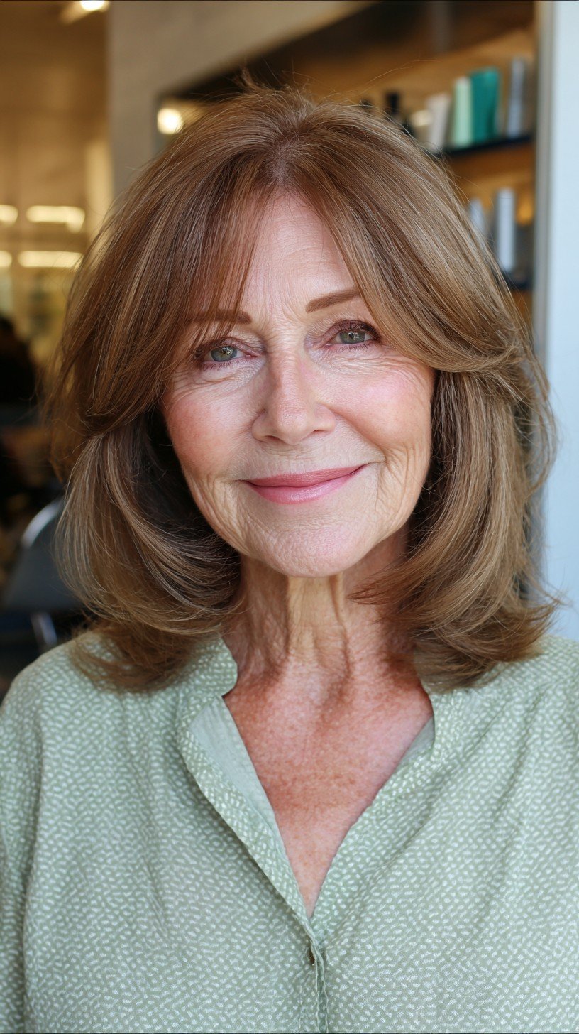 Warm Chestnut Layers with Feathered Curtain Bangs