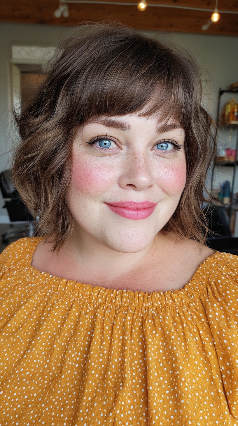 Bouncy Brunette Bob with Curly Bangs