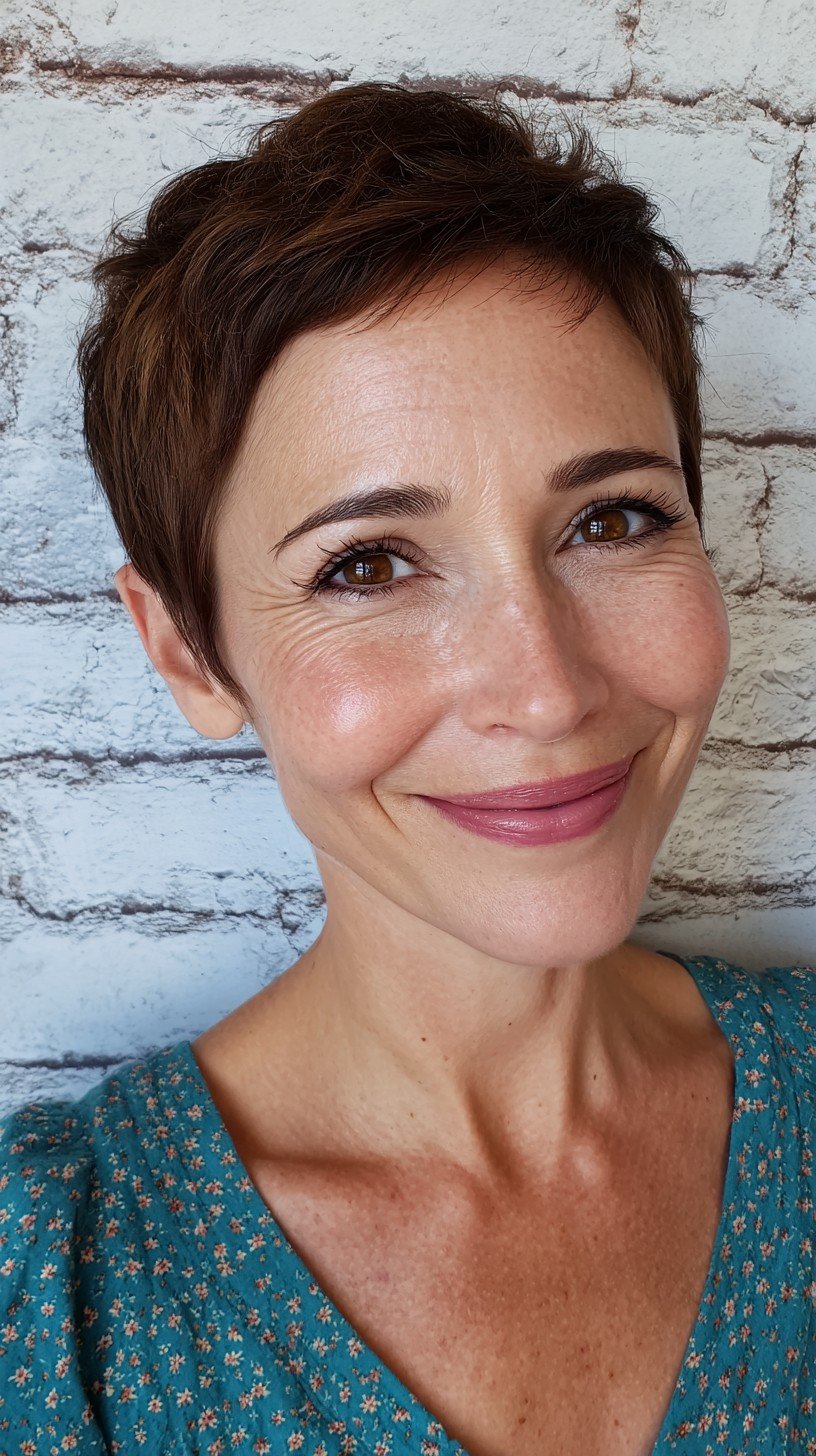 Chic Textured Brunette Pixie with Natural Highlights