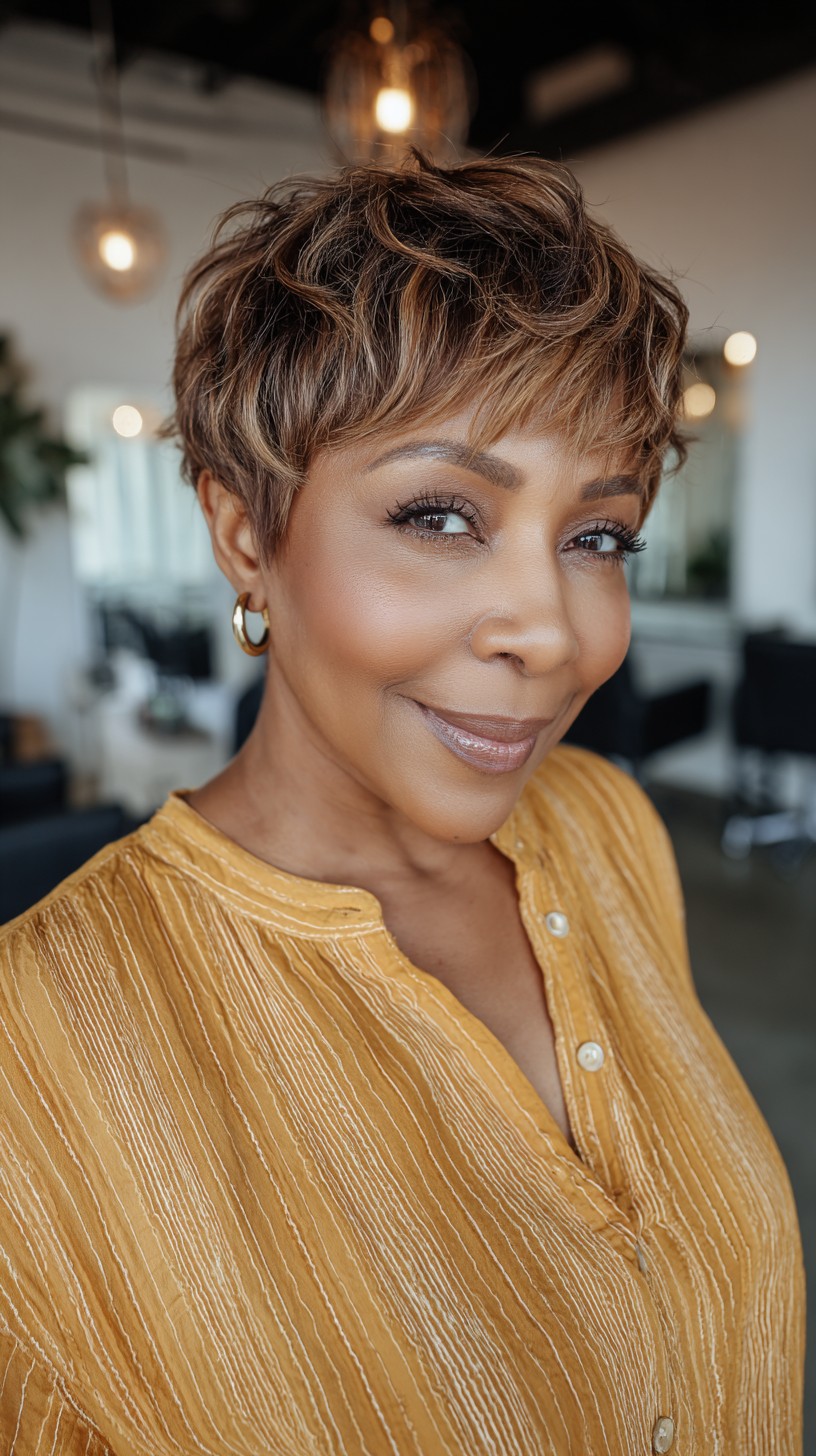 Golden-Toned Tousled Pixie with Soft Highlights