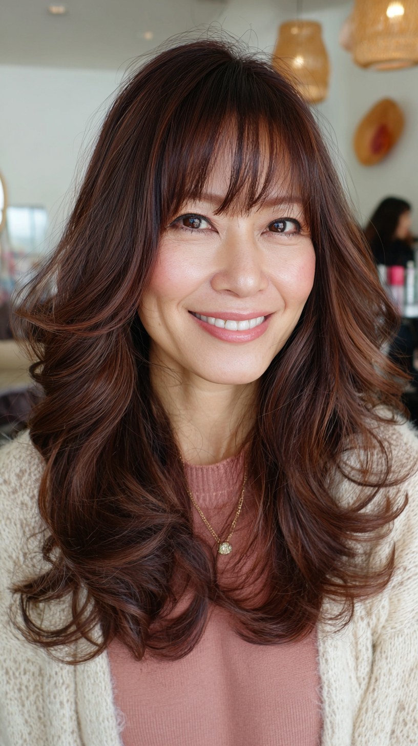 Luminous Chestnut Waves with Curtain Bangs