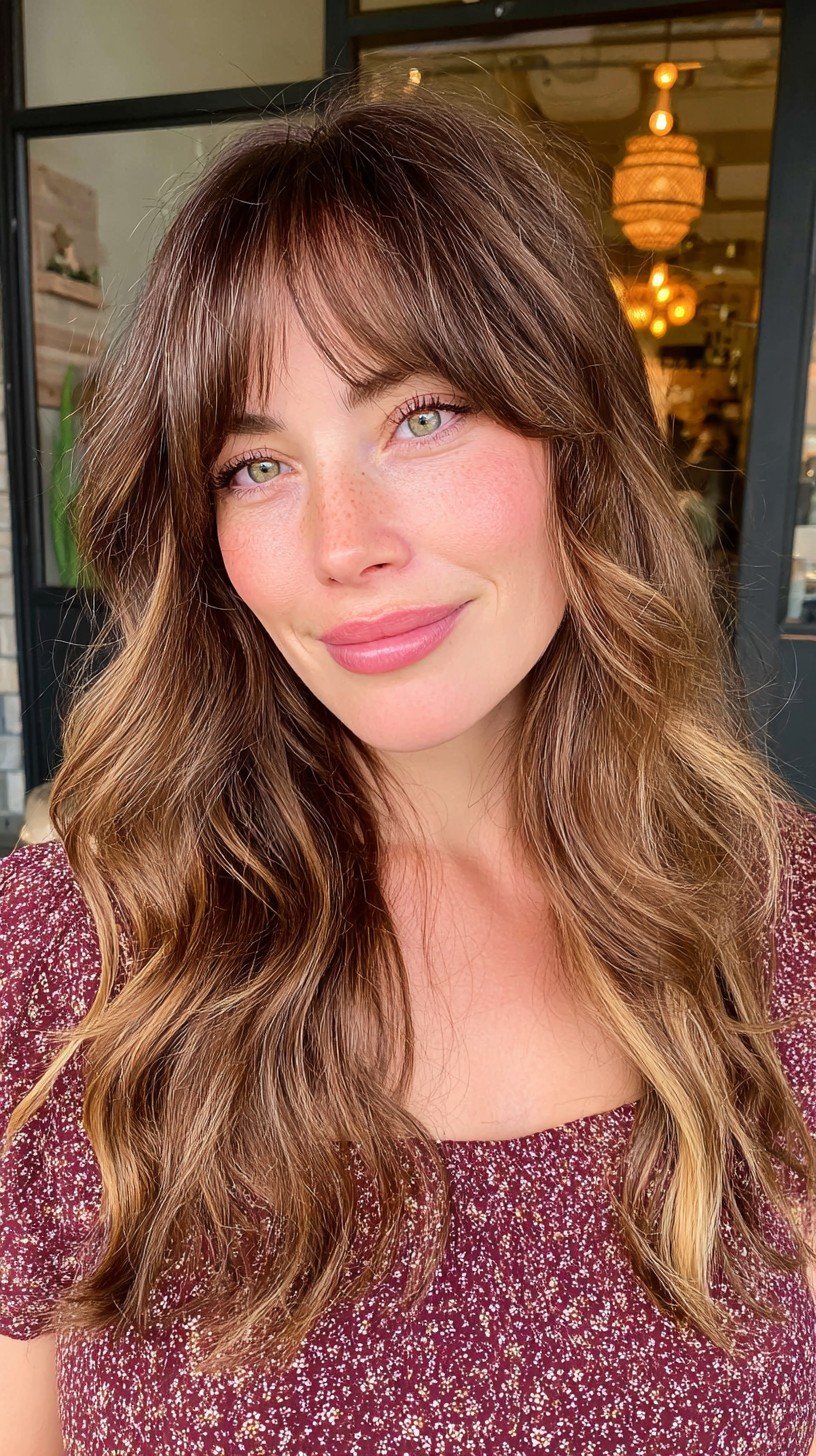 Rich Caramel Waves with Wispy Bangs