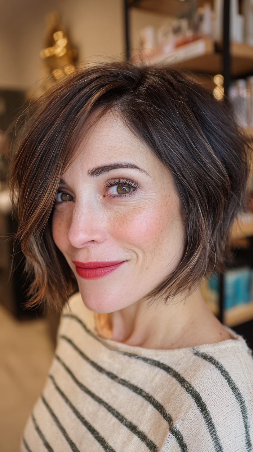 Sleek Chestnut Bob with Soft Waves and Subtle Highlights