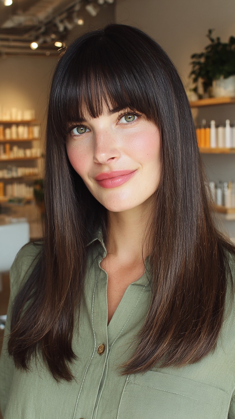 Sleek Chestnut Locks with Full Blunt Bangs