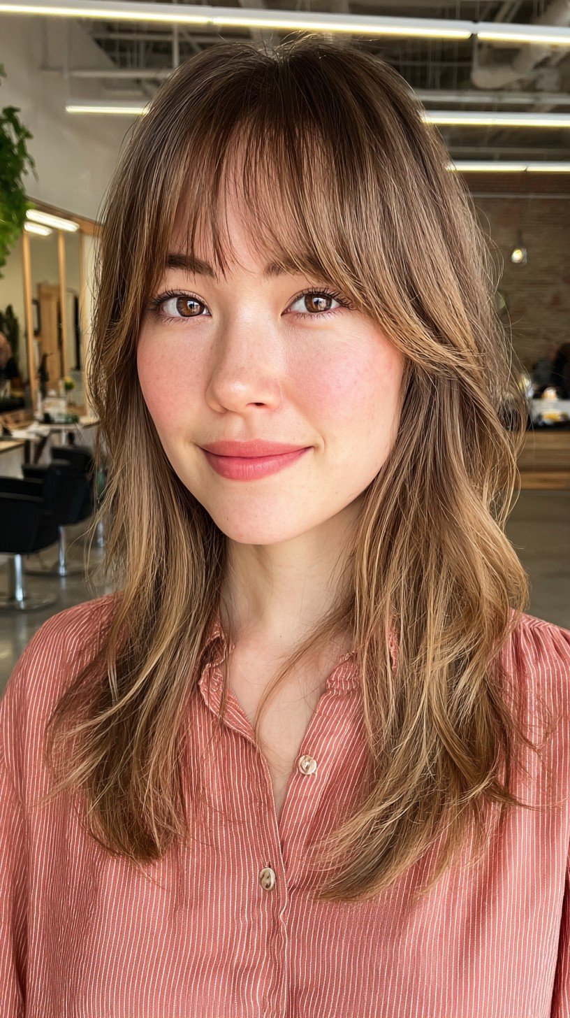 Softly Tousled Brunette Waves with Thin Bangs
