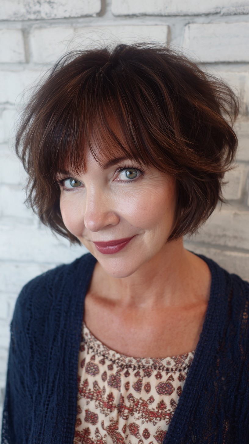 Vibrant Chestnut Tousled Bob with Sweeping Bangs