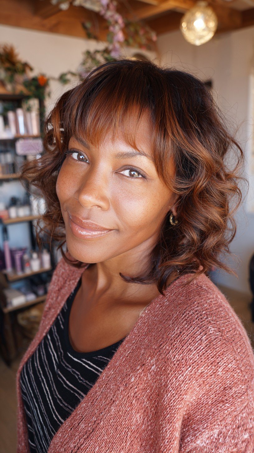 Caramel Swirl Shoulder-Length Curls with Soft Fringe