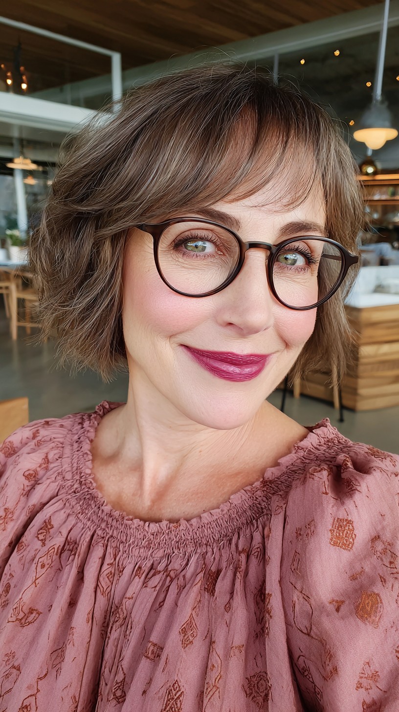 Charming Chestnut Wavy Bob with Textured Bangs