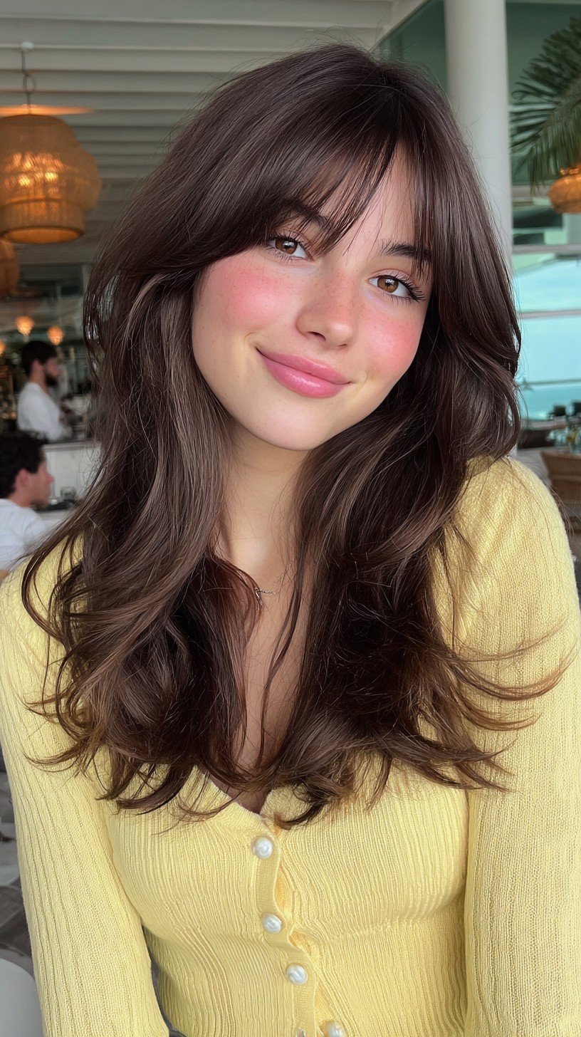 Chestnut Brown Wavy Bob with Bangs