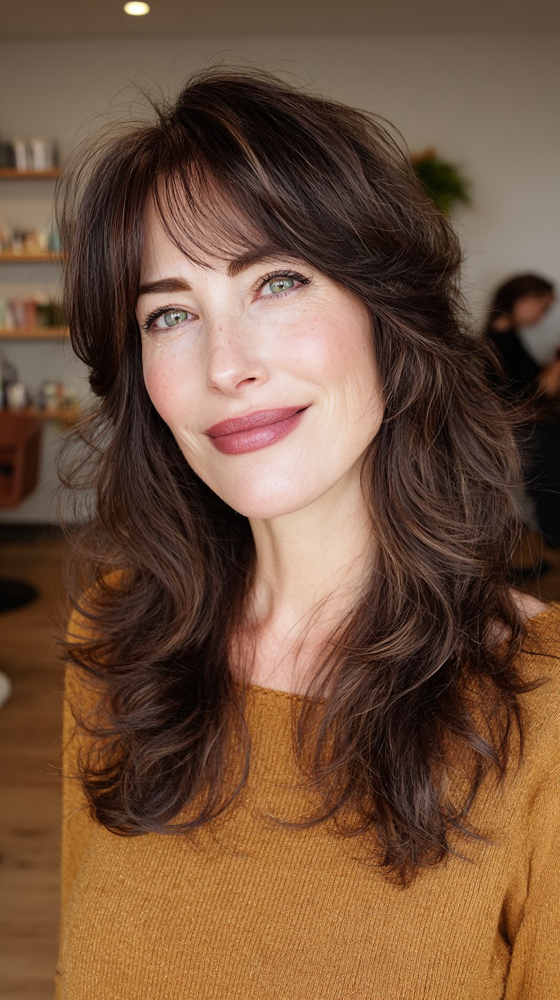 Chic Chocolate Shag with Swooping Fringe