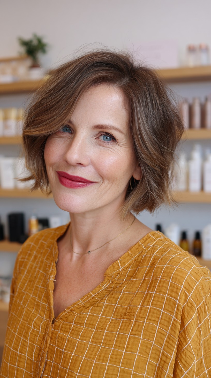 Dynamic Auburn Textured Bob with Side-Swept Bangs