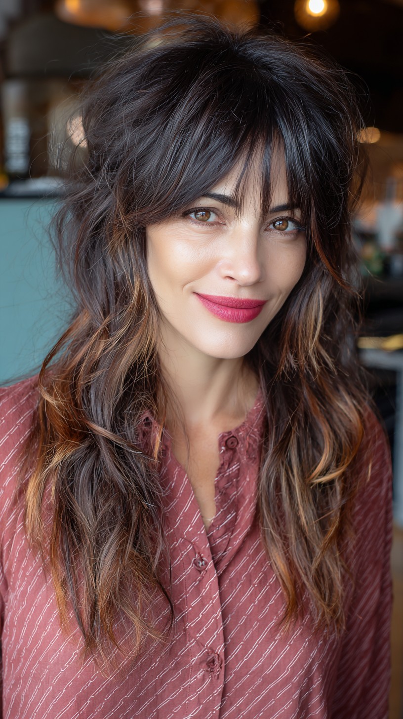 Dynamic Textured Brunette Mullet with Subtle Highlights