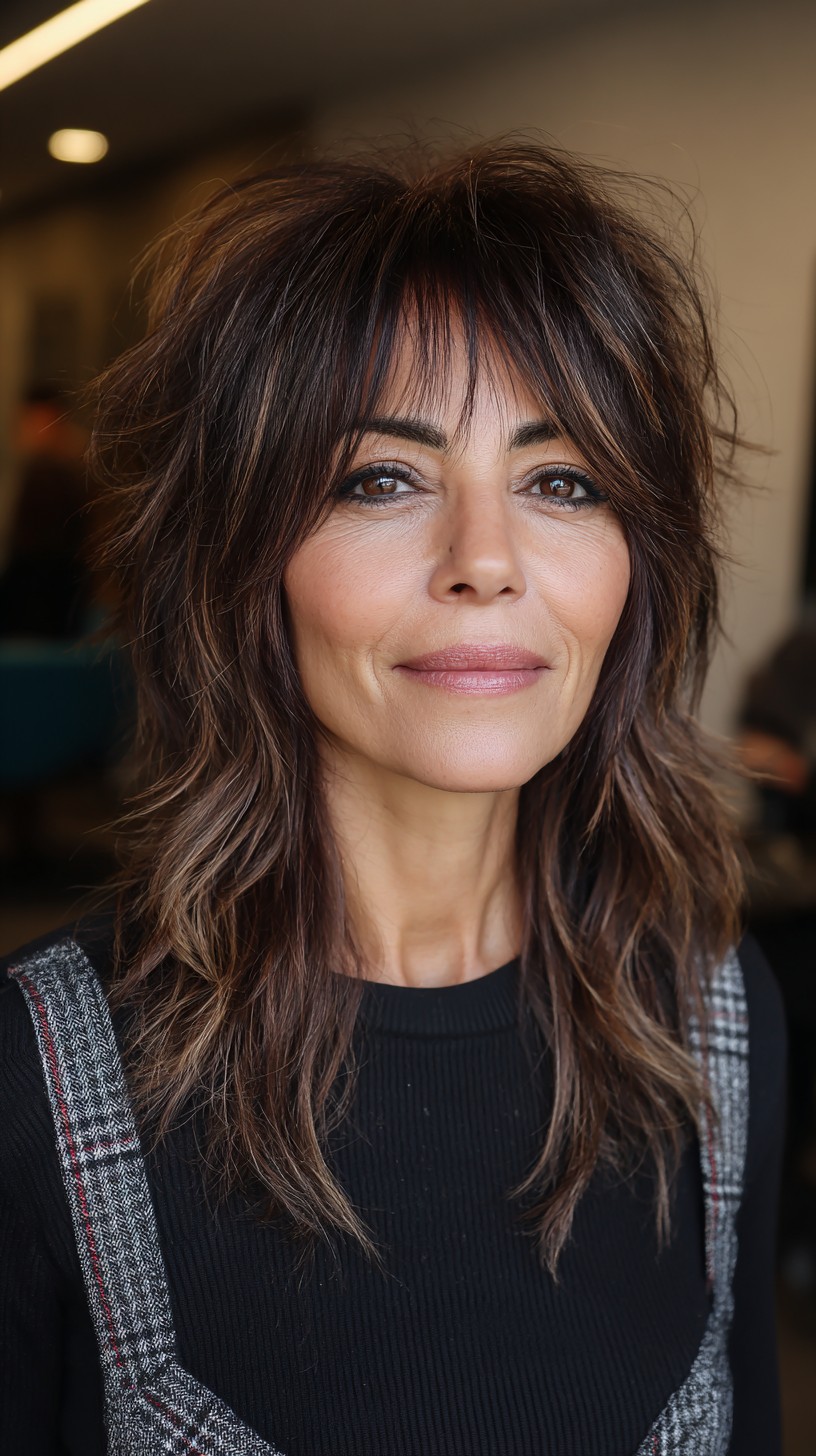 Edgy Tousled Brunette Mullet with Feathered Bangs