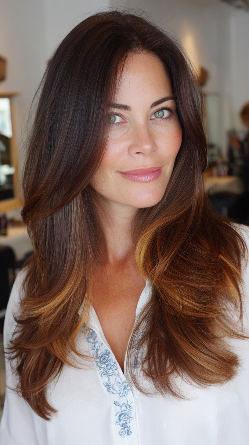 Elegant Flowing Brunette Balayage with Subtle Waves