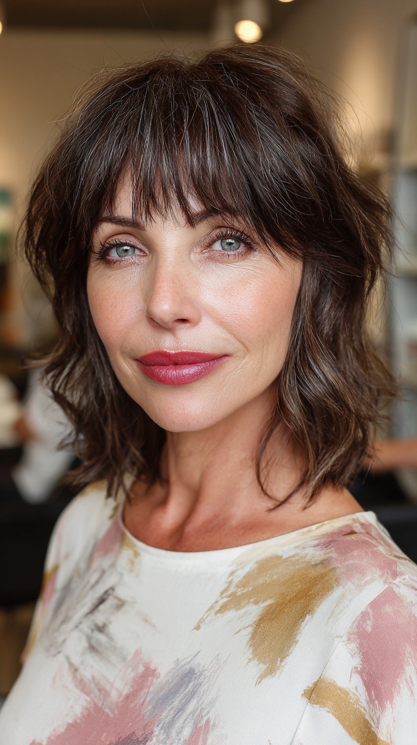 Lively Textured Wavy Bob with Wispy Bangs