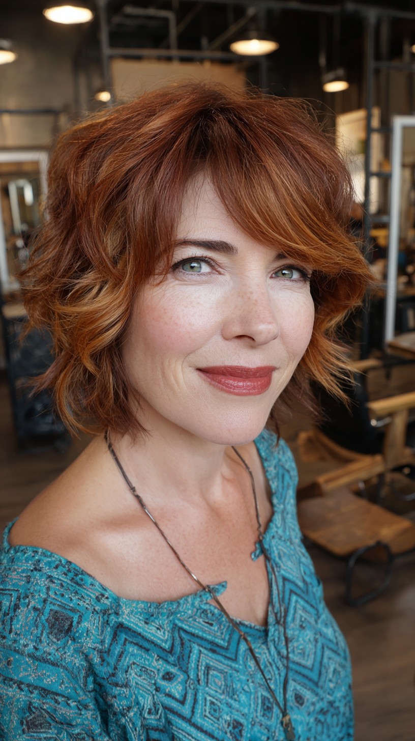 Playful Copper Layered Bob with Swooping Fringe