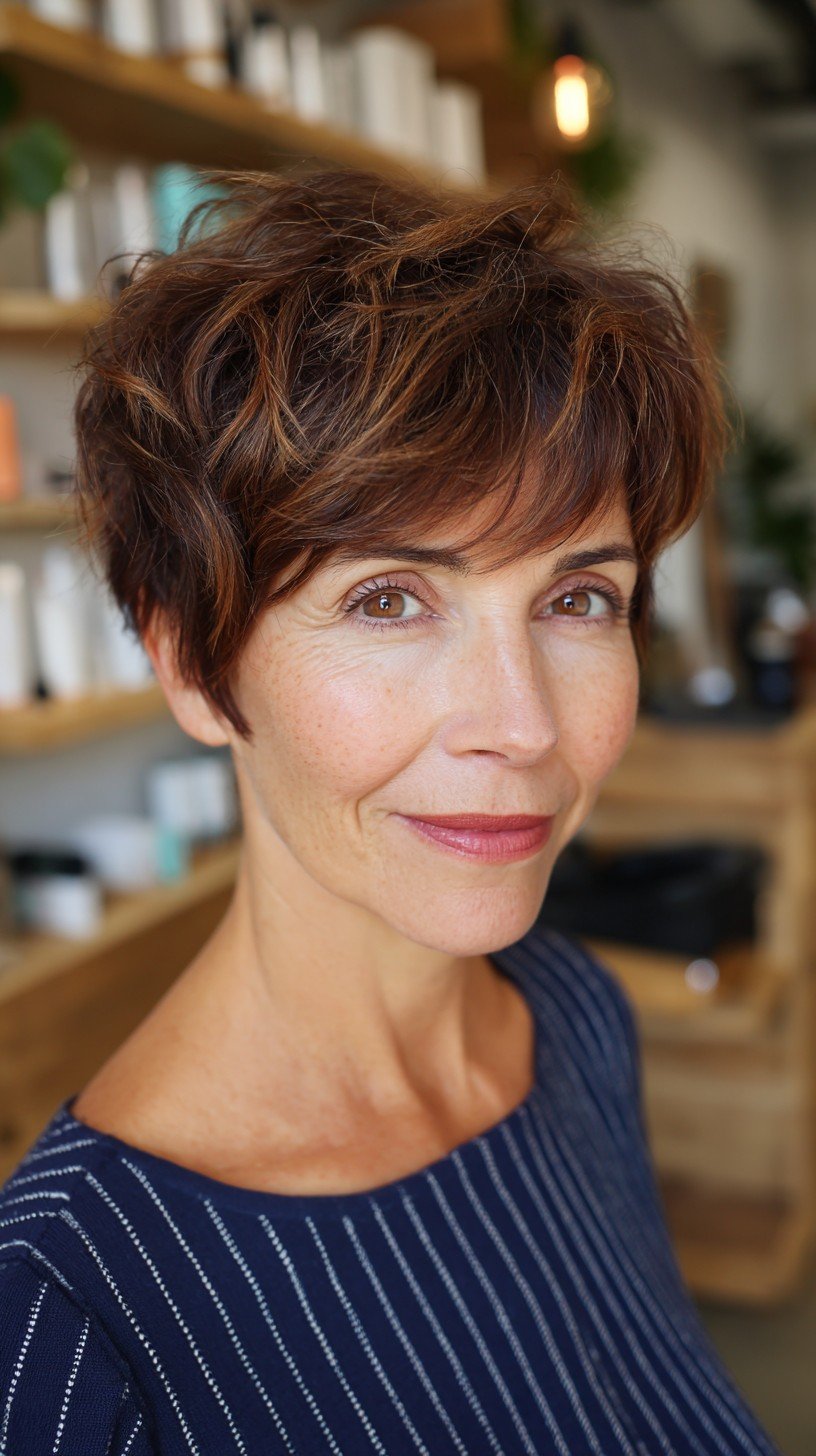 Vibrant Chestnut Tousled Pixie with Defined Texture