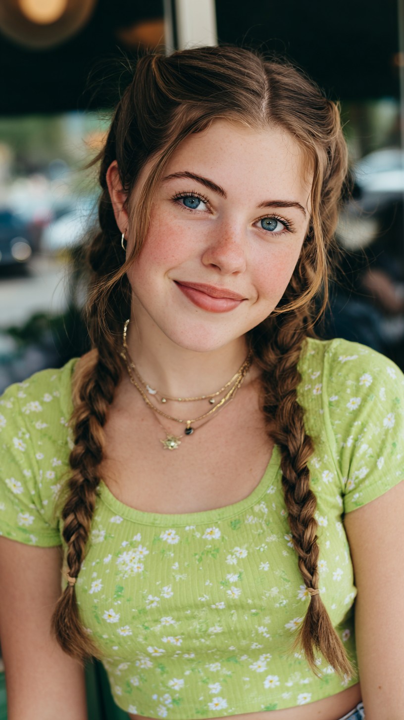 Youthful Double Braided Pigtails with Wispy Flyaways