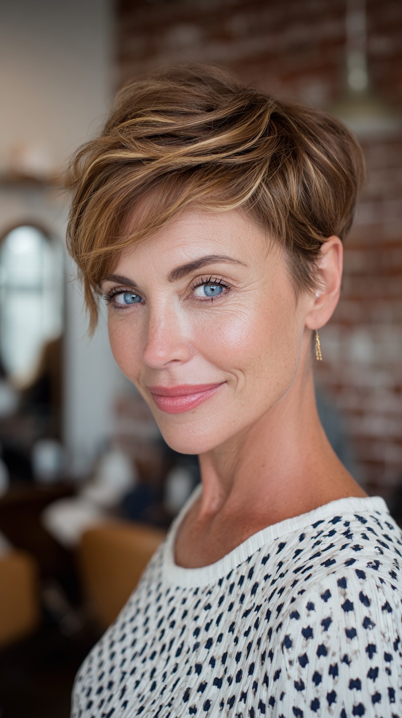 Dynamic Caramel-Toned Pixie with Sweeping Bangs